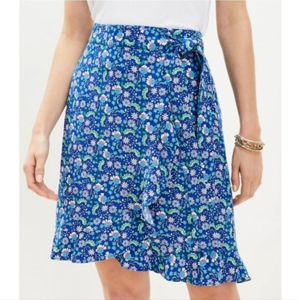 LOFT Linen Blend Colorful Blue Floral Ruffled Wrap Skirt Flowy Feminine Size 14